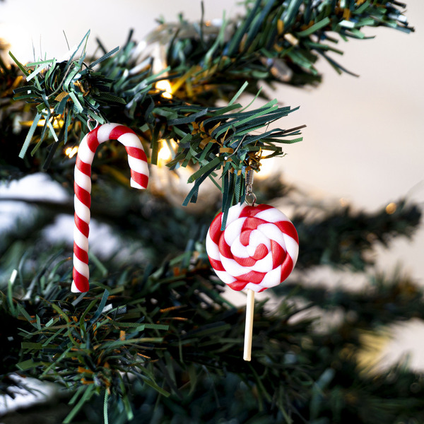 Χριστουγεννιάτικα σκουλαρίκια από πολυμερή πηλό, μπαστουνάκι-γλυφιτζούρι - δώρο, χριστουγεννιάτικο, κρεμαστά, γάντζος, φθηνά - 4