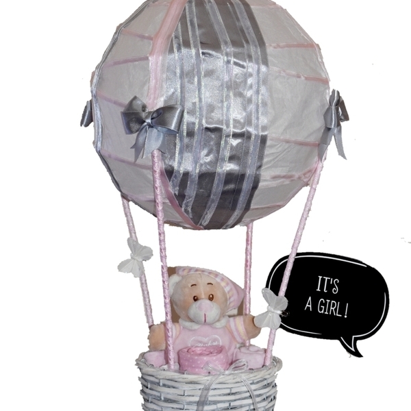 Diaper Cake (Diaper Pink Teddy Bear Air Balloon) - κορίτσι, σετ δώρου