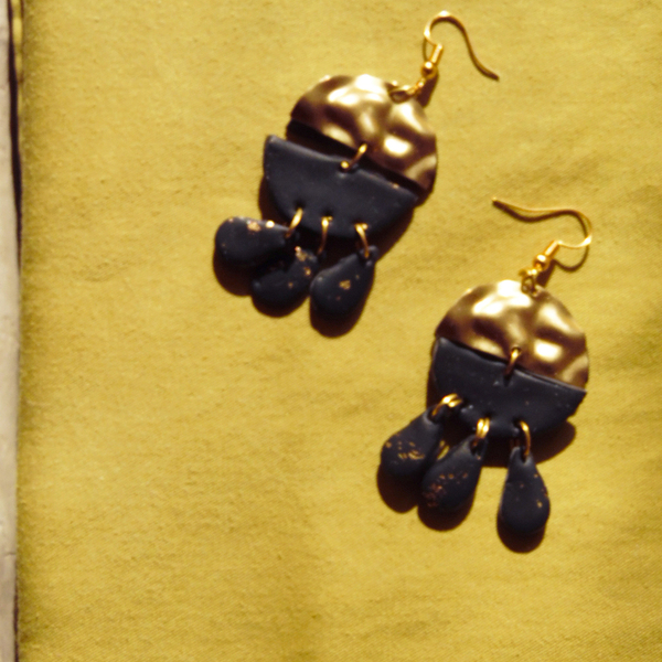 Black and gold leavs earrings with gold metallic details - ορείχαλκος, ασήμι 925, δάκρυ, boho - 2