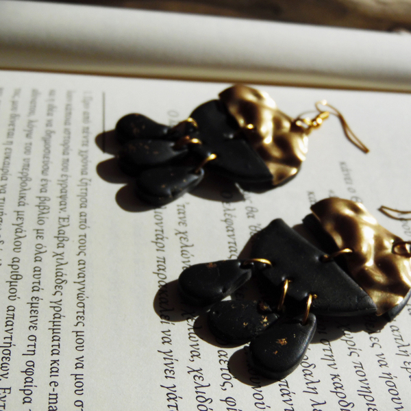 Black and gold leavs earrings with gold metallic details - ορείχαλκος, ασήμι 925, δάκρυ, boho - 3