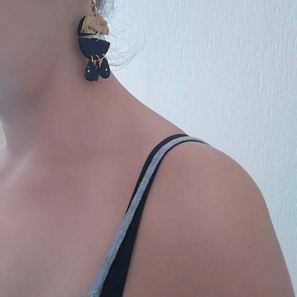 Black and gold leavs earrings with gold metallic details - ορείχαλκος, ασήμι 925, δάκρυ, boho - 4