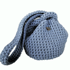 Γκρι-σιέλ pullthrough Bag, τσάντα με t-shirt yarn, Japanese Knot Bag και διαστάσεις 28*32 - νήμα, ώμου, πουγκί, all day, πλεκτές τσάντες
