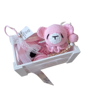 Καλαθάκι Νεογέννητου "Κουδουνίστρα Ροζ" - δώρο, μασητικό, σετ δώρου, κουδουνίστρα, κλιπ πιπίλας - 3