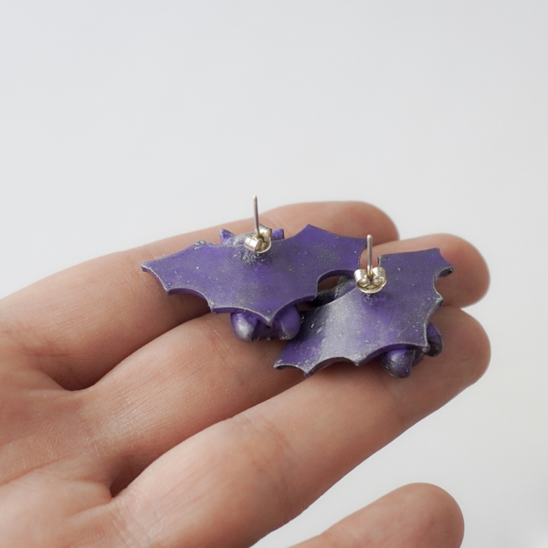 Σκουλαρίκια - νυχτερίδες από πολυμερή πηλό σε μωβ χρώμα_1 - statement, πηλός, καρφωτά, halloween - 3