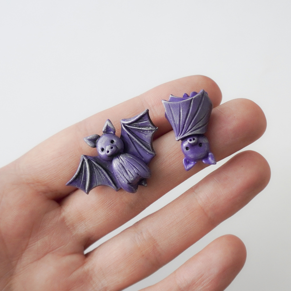 Σκουλαρίκια - νυχτερίδες από πολυμερή πηλό σε μωβ χρώμα_3 - statement, πηλός, καρφωτά, halloween - 2