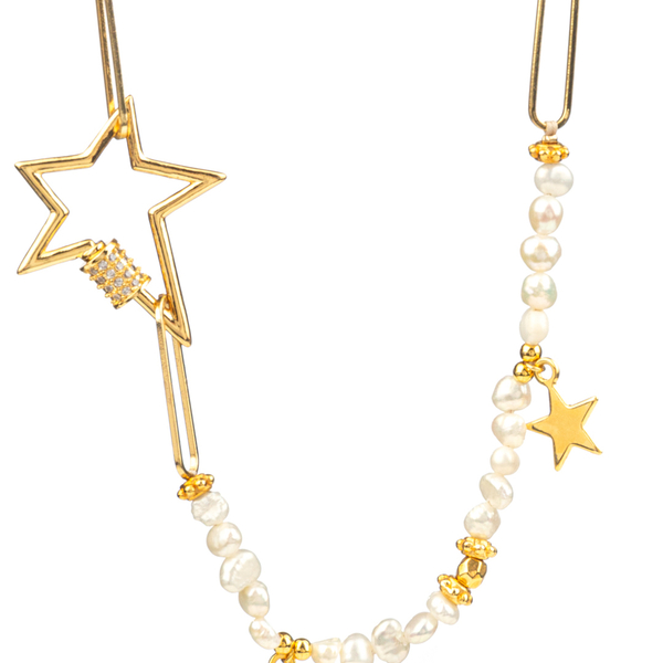 Altair necklace - ημιπολύτιμες πέτρες, μαργαριτάρι, επιχρυσωμένα, αστέρι, ατσάλι