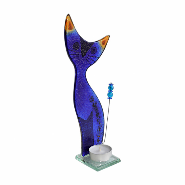 Γυάλινη Διακοσμητική Γάτα Ρεσώ 26χ9,5χ6 μπλε - amythito 06523563 - γυαλί, χειροποίητα, ρεσώ & κηροπήγια, βάσεις για ρεσώ, μινιατούρες φιγούρες - 2