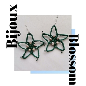 Μακραμέ πράσινα σκουλαρίκια σε σχήμα αστεριού με nude κρύσταλλα - κρύσταλλα, αστέρι, μακραμέ, κρεμαστά, μεγάλα - 3