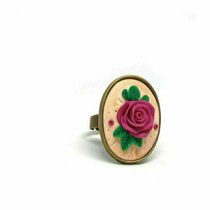 Δαχτυλίδι οβάλ vintage με μπορντό τριαντάφυλλο από πολυμερικό πηλό - vintage, τριαντάφυλλο, πηλός, αυξομειούμενα - 4
