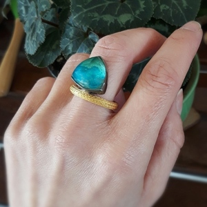 Chrysocolla Triangle Ring - Τρίγωνο Δαχτυλίδι με Χρυσόκολλα - ασήμι, ημιπολύτιμες πέτρες, μεγάλα - 2