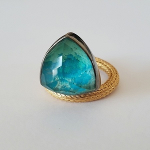 Chrysocolla Triangle Ring - Τρίγωνο Δαχτυλίδι με Χρυσόκολλα - ασήμι, ημιπολύτιμες πέτρες, μεγάλα - 4