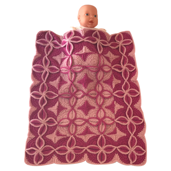 πλεκτή κουβερτούλα μωρού, λουλουδένια τετράγωνα,, 54 x 67 εκ, σε απαλό ροζ και βισσινή χρώμα και αντιαλλεργικό ακρυλικό νήμα - κορίτσι, κουβέρτες