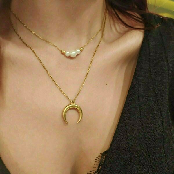 Κολιέ με διπλή αλυσίδα pearl & gold - φεγγάρι, ατσάλι, layering, πέρλες, φθηνά - 2
