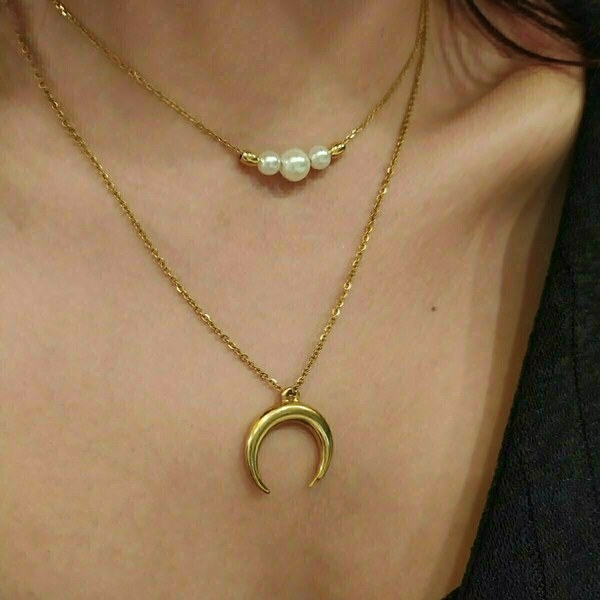 Κολιέ με διπλή αλυσίδα pearl & gold - φεγγάρι, ατσάλι, layering, πέρλες, φθηνά - 3