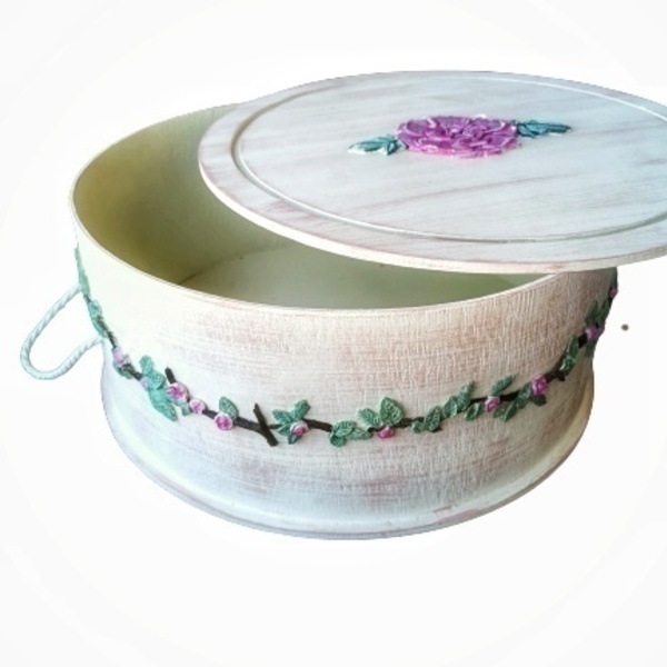 ξύλινη καπέλοθήκη με διακοσμητικά πήλινα λουλούδια - στρογγυλό, κουτί, φλοράλ, κουτιά αποθήκευσης