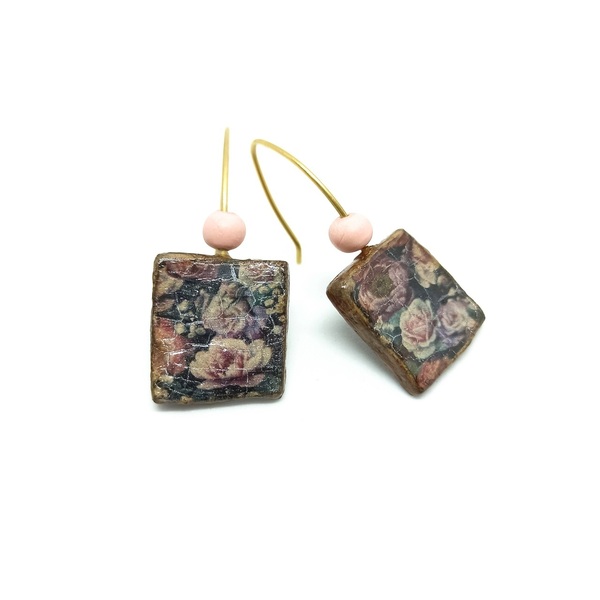 Σκουλαρίκια από ξύλο και μπρούντζο τετράγωνα με ροζ χάντρα - ξύλο, πηλός, μπρούντζος, κρεμαστά - 2