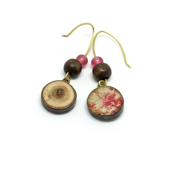 Σκουλαρίκια από ξύλο με ξύλινη και ροζ χάντρα - ξύλο, πέτρες, μπρούντζος, κρεμαστά - 2