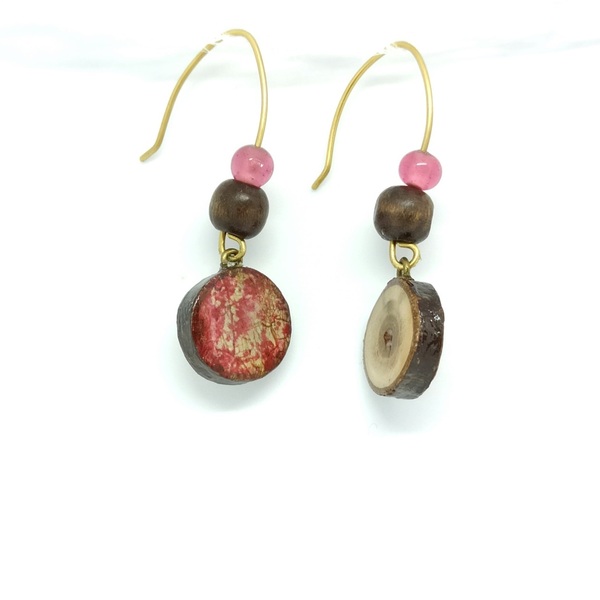Σκουλαρίκια από ξύλο με ξύλινη και ροζ χάντρα - ξύλο, πέτρες, μπρούντζος, κρεμαστά - 4