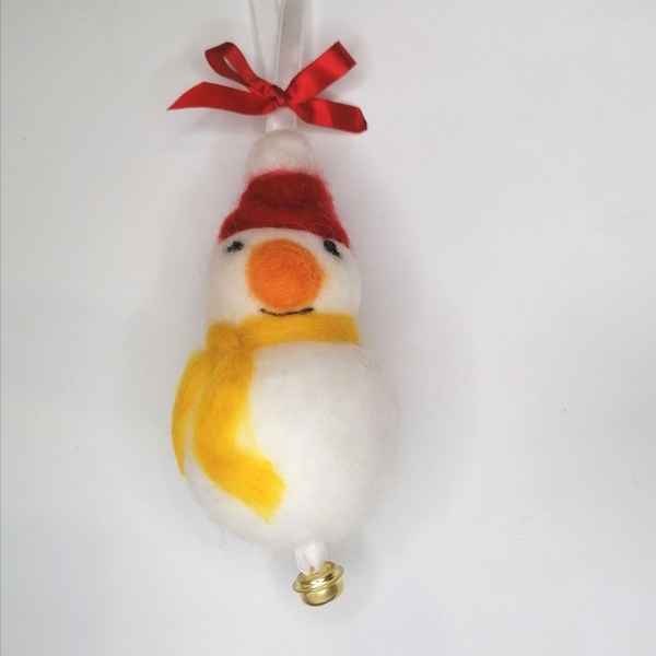 Snowman handmade wool needle felted Christmas ornament with bell - στολίδια - 2