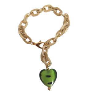 Βραχιόλι με χοντρή αλυσίδα αλουμινίου ματ χρυσό 20εκ με πράσινη χάντρα καρδιά τύπου Μουράνο - αλυσίδες, καρδιά, χάντρες, εντυπωσιακό, χεριού
