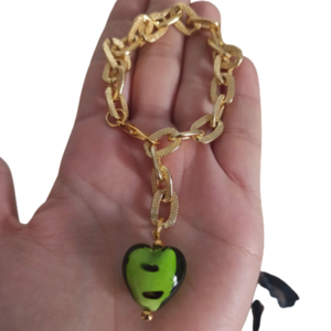 Βραχιόλι με χοντρή αλυσίδα αλουμινίου ματ χρυσό 20εκ με πράσινη χάντρα καρδιά τύπου Μουράνο - αλυσίδες, καρδιά, χάντρες, εντυπωσιακό, χεριού - 3
