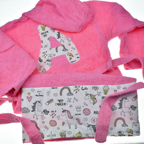 Ροζ παιδικό μπουρνούζι (2-14ετών) με μονόγραμμα, μονόκερος - κορίτσι, δώρα για βάπτιση, παιδικά ρούχα, πετσέτες