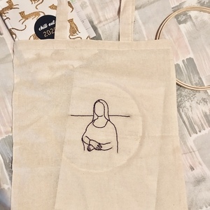 Mona Lisa Embroidery Canvas Bag - ύφασμα, ώμου, all day, tote, πάνινες τσάντες