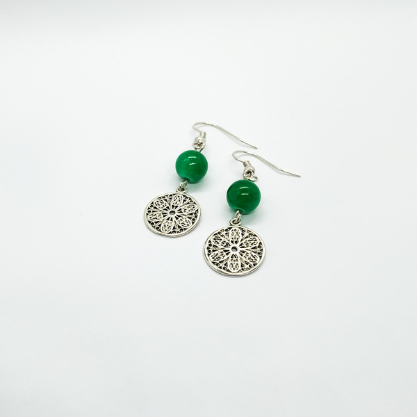 "Green Jasmine Earrings" - Κρεμαστά σκουλαρίκια με μεταλλικά στοιχεία - επάργυρα, φλουρί, πέτρες, μικρά, κρεμαστά, γάντζος - 3