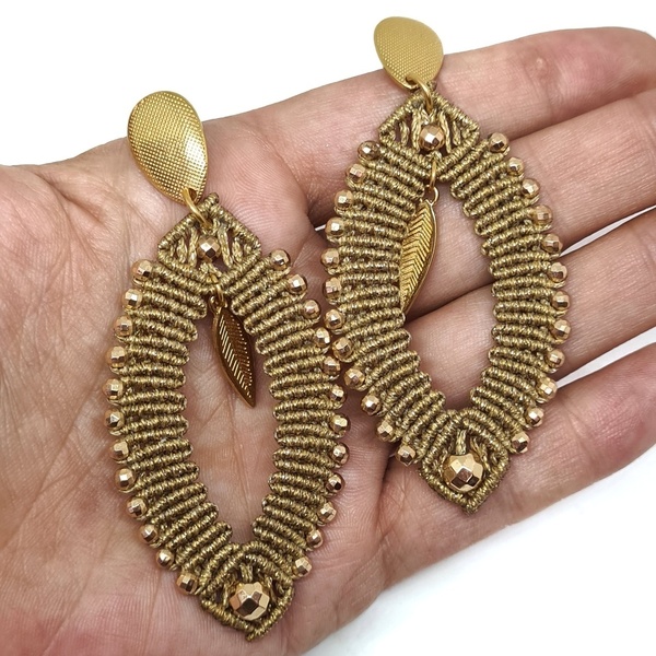 Σκουλαρίκια μακραμέ σε χρυσό χρώμα - επιχρυσωμένα, ορείχαλκος, boho, κρεμαστά, μεγάλα - 5
