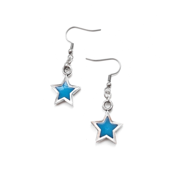 Σκουλαρίκια αστέρια με υγρό γυαλί σε μπλε χρώμα. - ορείχαλκος, μικρά, ατσάλι, κρεμαστά, φθηνά - 3