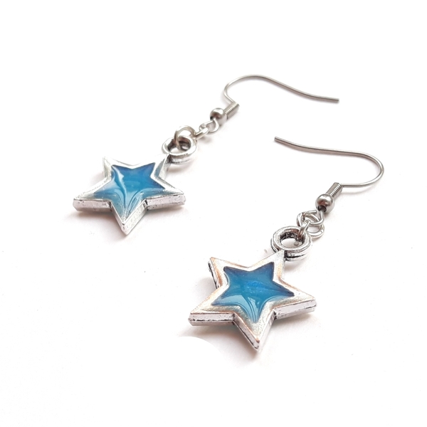 Σκουλαρίκια αστέρια με υγρό γυαλί σε μπλε χρώμα. - ορείχαλκος, μικρά, ατσάλι, κρεμαστά, φθηνά - 2