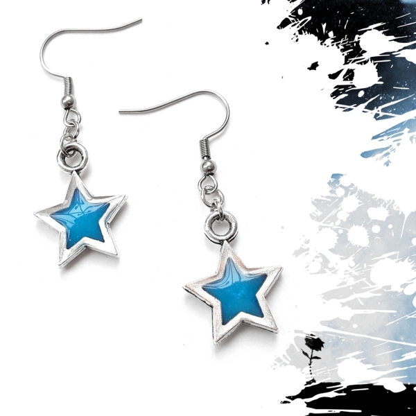 Σκουλαρίκια αστέρια με υγρό γυαλί σε μπλε χρώμα. - ορείχαλκος, μικρά, ατσάλι, κρεμαστά, φθηνά - 5