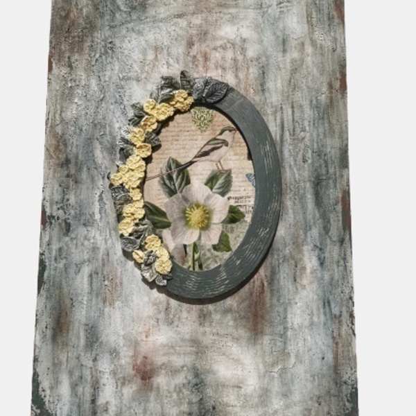 Vintage floral ξύλινο πάνελ σε βεραμάν αποχρώσεις - vintage, πίνακες & κάδρα, φλοράλ, πίνακες ζωγραφικής, ξύλινα διακοσμητικά τοίχου