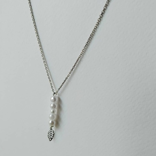 Αλυσίδα κολιέ "pearl statement" - charms, φύλλο, ατσάλι, πέρλες, φθηνά