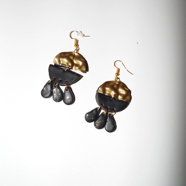 Black and gold leavs earrings with gold metallic details - ορείχαλκος, ασήμι 925, δάκρυ, boho