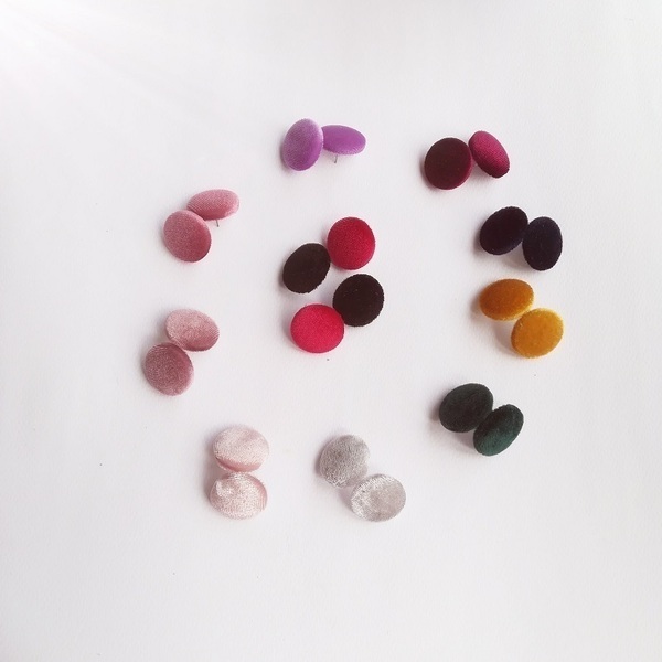 σκουλαρίκια υφασμάτινα κουμπάκια ροζ απαλό - ύφασμα, βελούδο, καρφωτά, ατσάλι - 4