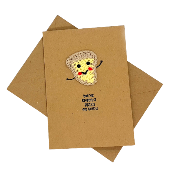 Ευχετήρια κάρτα - "You've stolen a pizza my heart" - crochet, βελονάκι, κάρτα ευχών, δώρα αγίου βαλεντίνου, ευχετήριες κάρτες