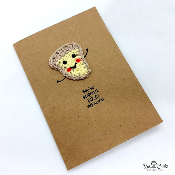 Ευχετήρια κάρτα - "You've stolen a pizza my heart" - crochet, βελονάκι, κάρτα ευχών, δώρα αγίου βαλεντίνου, ευχετήριες κάρτες - 2