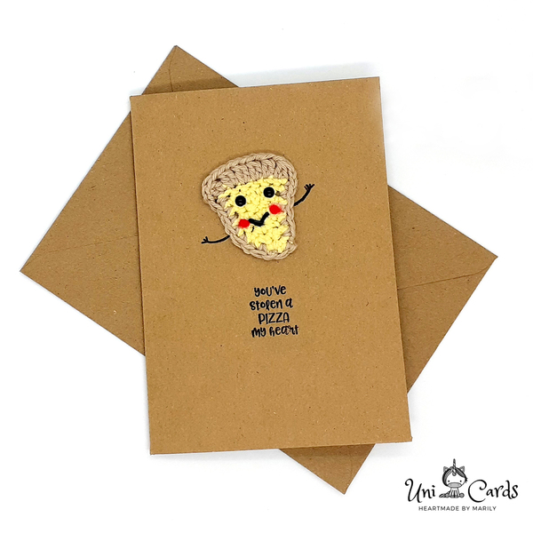Ευχετήρια κάρτα - "You've stolen a pizza my heart" - crochet, βελονάκι, κάρτα ευχών, δώρα αγίου βαλεντίνου, ευχετήριες κάρτες - 4