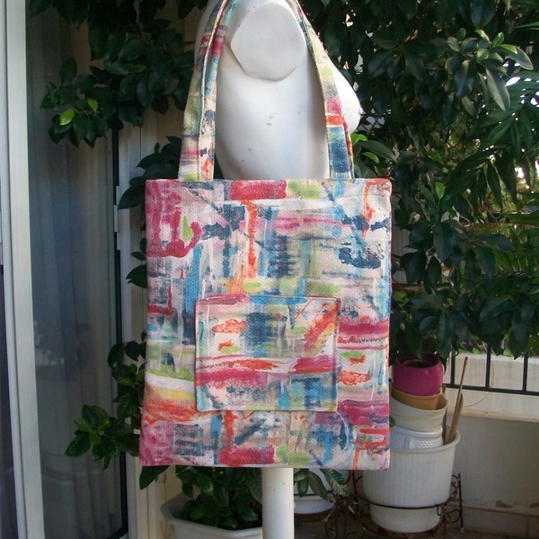 Τσάντα για ψώνια/ Βαμβακερή/ Πολύχρωμη/ Με τσέπη - ύφασμα, ώμου, all day, tote, πάνινες τσάντες - 2