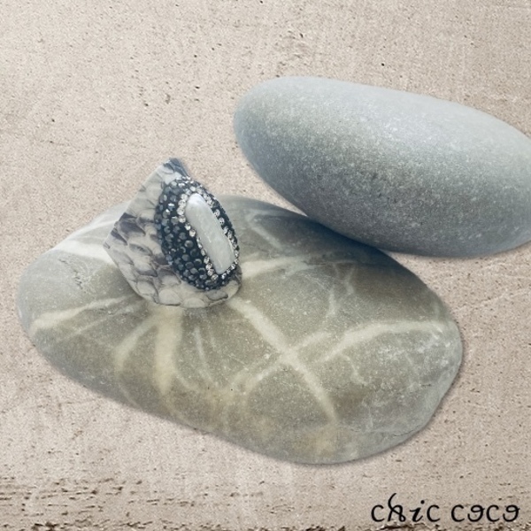 Δαχτυλίδι με δέρμα φιδιού- snake skin ring - μαργαριτάρι, ατσάλι, μεγάλα, αυξομειούμενα - 2
