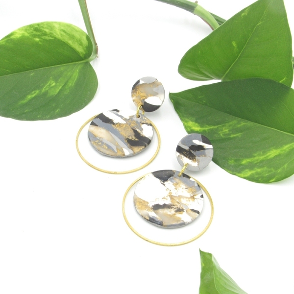 Marble circle earrings - κύκλος σκουλαρίκια με εφέ μάρμαρο από πολυμερικό πηλό - πηλός, boho, minimal, καρφωτά - 4