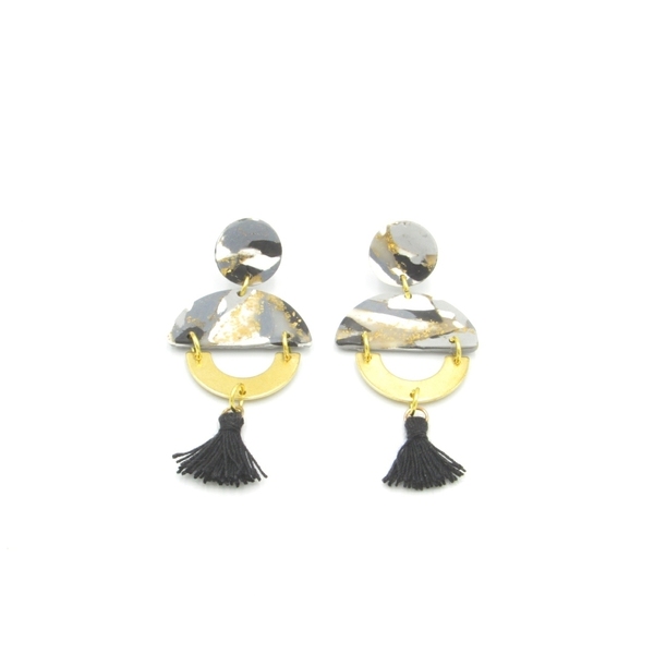 Marble circle earrings - σκουλαρίκια με εφέ μάρμαρο από πολυμερικό πηλό - καρφωτά, πηλός, με φούντες, χειροποίητα - 2