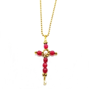 The Burgundies cross, κολιε με χρυσή αλυσίδα και σταυρό από νεφρίτη - μαργαριτάρι, σταυρός, κοντά, ατσάλι - 2