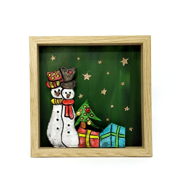 Χριστουγεννιάτικο καδράκι "ΧΙΟΝΑΝΘΡΩΠΟΙ" με φωτάκια - διακόσμηση, χριστουγεννιάτικο, διακοσμητικά, χριστουγεννιάτικα δώρα - 2