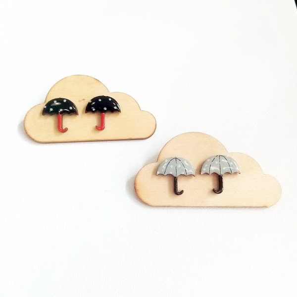 Stud earrings “Mini Umbrellas Autumn”. - ξύλο, γυαλί, ζωγραφισμένα στο χέρι, καρφωτά, μικρά - 2
