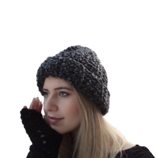 Χειροποίητος πλεκτός σκούφος ιδιαίτερα ζεστός για Φθινόπωρο/Χειμώνα. One size, σε χρώμα μαύρο γκρί. One size - γυναικεία, πλεκτή, σκουφάκια - 2