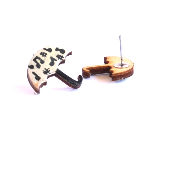 Σκουλαρίκια Μουσική Ομπρέλα - ξύλο, χειροποίητα, καρφωτά - 2