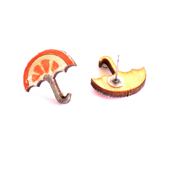 Σκουλαρίκια Ομπρέλα Πορτοκάλι - ξύλο, ζωγραφισμένα στο χέρι, χειροποίητα, καρφωτά - 2