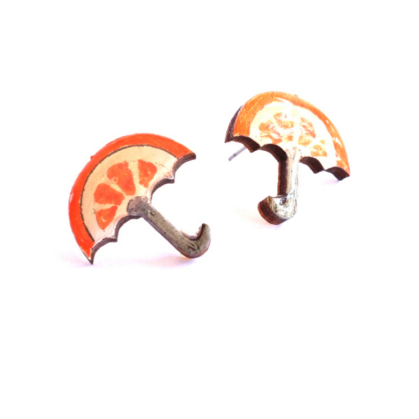 Σκουλαρίκια Ομπρέλα Πορτοκάλι - ξύλο, ζωγραφισμένα στο χέρι, χειροποίητα, καρφωτά - 3